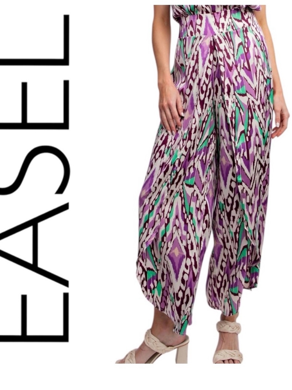 easel Purple and Teal Ikat Wide-Leg Pants